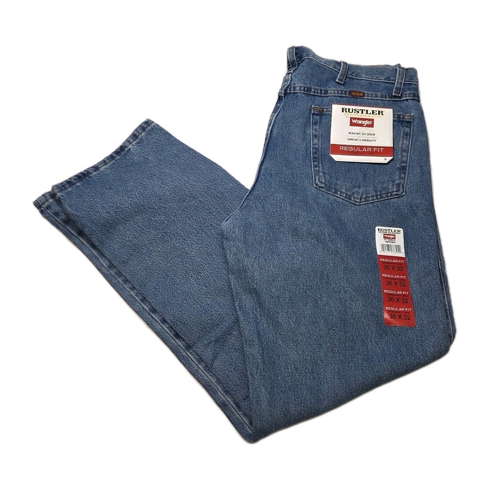 Rustler Jeans Men's 36x32 Denim Regular Fit Straight Leg Blue Wash Heavy Weight